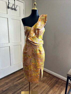 Printed Cocktail Dress Floral Midi in Pink & Orange